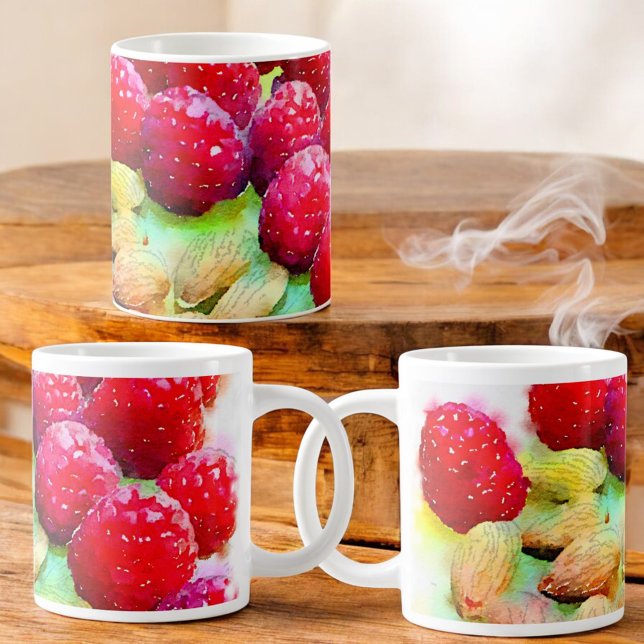 Mug Juicy Red Raspberries et Almonds Watercolor (A view around the entire ceramic mug )