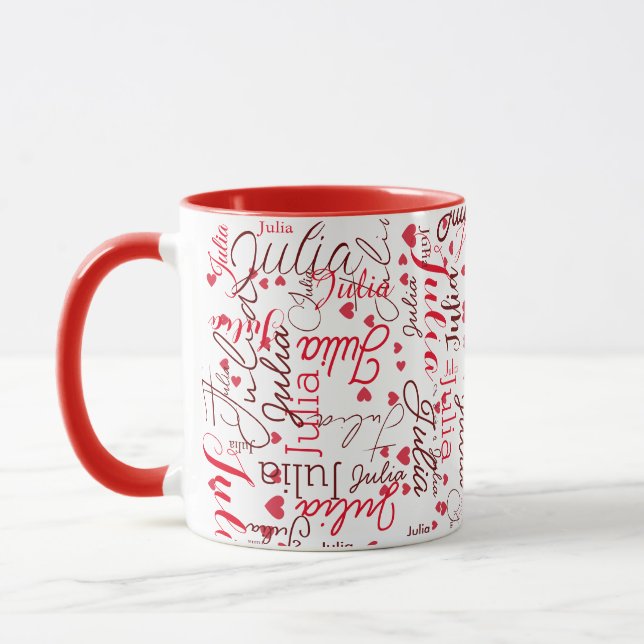 Mug Julia Nom de script personnalisé + Coeurs rouges R (Gauche)