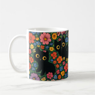 Mug Kawaii Garden Art Motif floral de chat noir mign