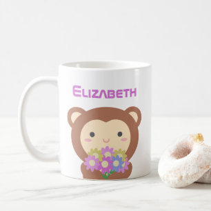Mug Kawaii Jolie Cartoon Singe Fleurs violettes roses 