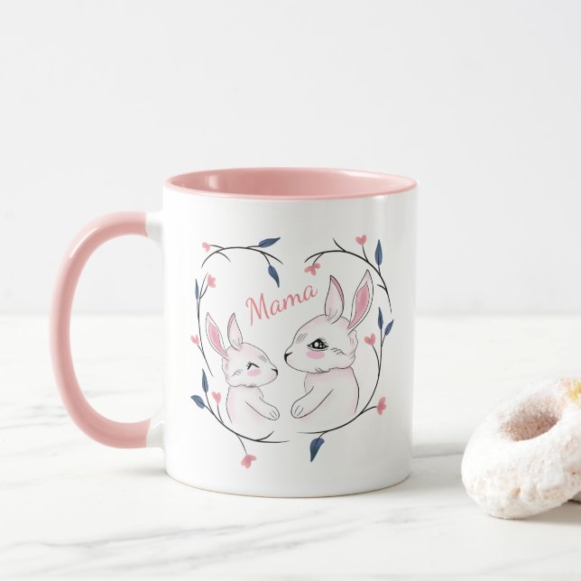 Mug kawaii maman lapin et son lapin avec des fleurs (Avec donut)