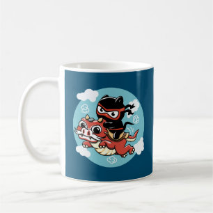 Mug Kawaii Ninja Chat à cheval sur un Dragon Rouge