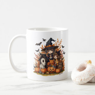 Mug Kawaii Witches with Ghost Puppy and Pumpkins