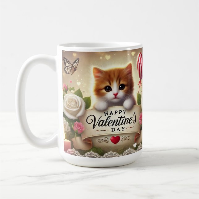 Mug Kitten adorable avec Roses, bougies et coeurs (Gauche)