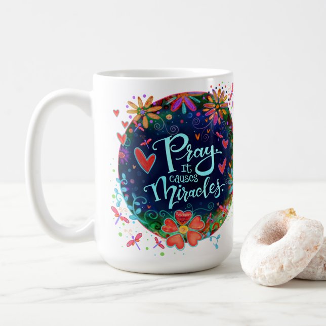 Mug La prière Causes Miracles Bleu Joli Floral Irelyn (Avec donut)