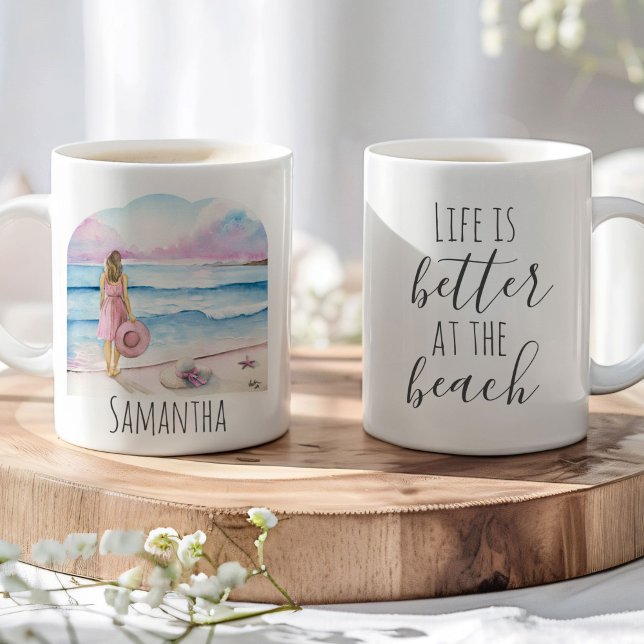 Mug La vie est meilleure dans les cafés de plage (Beach coffee mugs watercolor pink and blue art by Victoria Grigaliunas of Do Tell A Belle)