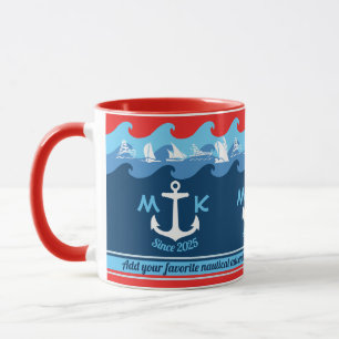 Mug L'Ancre nautique de monogramme ondule le bleu