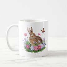 Lapin avec papillon et champ de fleurs