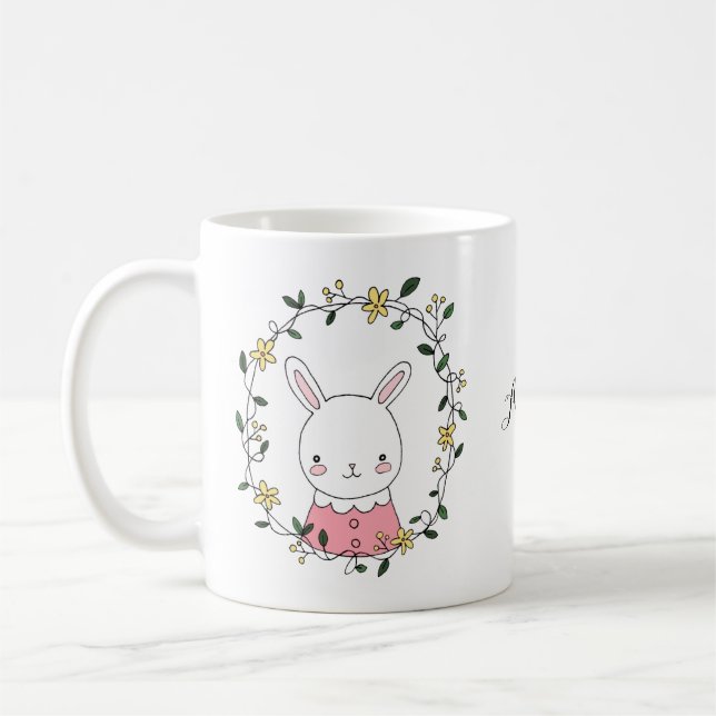 Mug Lapin de Cute Bunny Kawaii avec fleurs Nom personn (Gauche)
