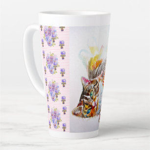 Mug Latte Chat Tigré Rose Shabby Peint à la Main