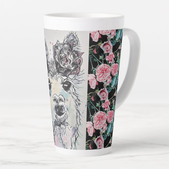 Mug Latte Tasse Aquarelle Roses Llama Alpacca Mign (Angle droit)