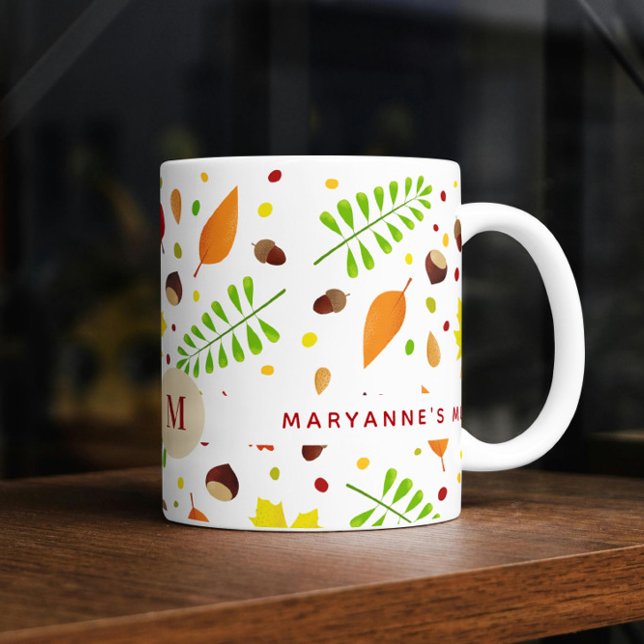 Mug L'automne coloré laisse motif avec nom personnalis (Colorful fall leaves personalized mug with custom name and monogram)