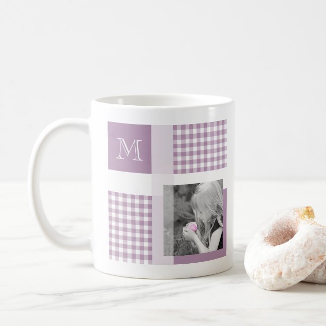 Mug Lavande Ajouter Votre Photo En vichy Monogramme Mo (Avec donut)