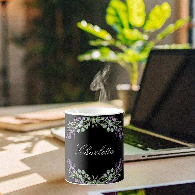 Mug Lavande florales eucalyptus vert nom noir (Créateur téléchargé)