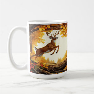 Mug Le cerf saute à travers une forêt d'automne enchan