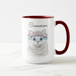 Mug Le chat floral blanc doux   ajoutent votre nom