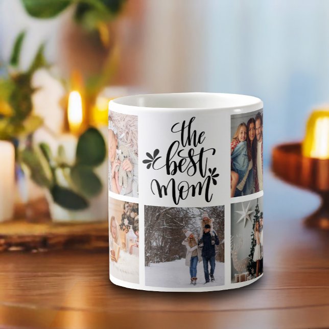 Mug Le meilleur collage photo de maman Typographie mod (This modern mug features 9 square photos and hand-lettered "the Best Mom".)