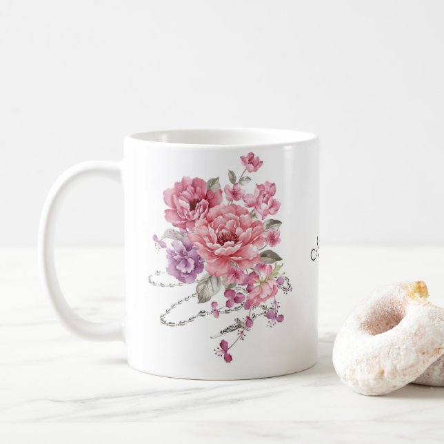 Mug Le rose fleurit la prière sainte de Memorare de (Avec donut)