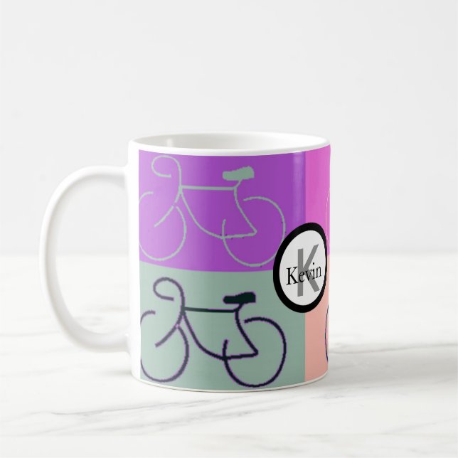 Mug Le vélo de monogramme ajuste le pourpre, la pêche (Gauche)