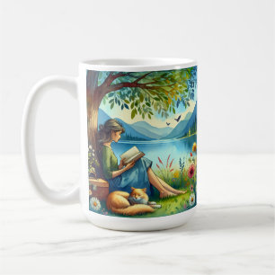 Mug Lecture d'un livre sous un arbre avec un chat endo