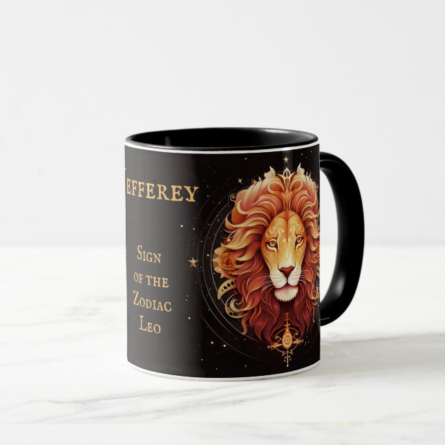 Mug Leo Anniversaire Cadeau Ajouter Nom Black Gold Caf (Devant droit)