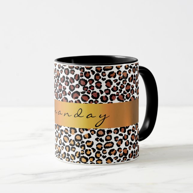 Mug Leopard Animal Black White Gold Stripe Nom du café (Devant droit)