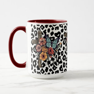 Mug Léopard des neiges Croix, Fleurs et Papillons