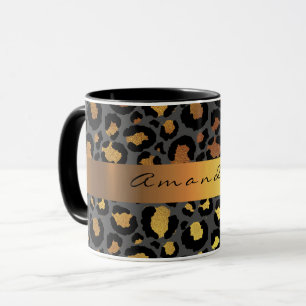 Mug Léopard Peau Noir Miel Or Stripe Nom Personnalisé