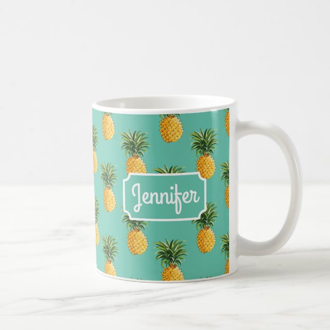 Mug Les ananas tropicaux sur Teal | ajoutent votre nom (Droite)