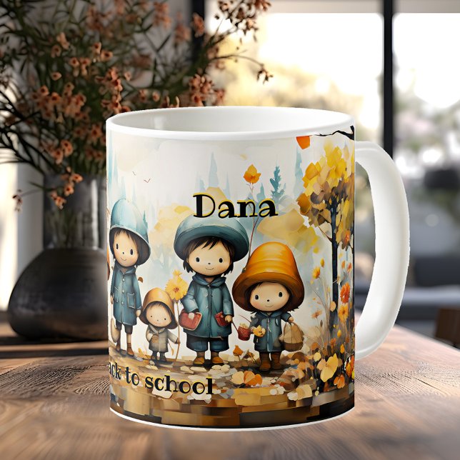 Mug Les mignons enfants rentrent dans la boue de l'éco (Mug featuring children going back to school in a fall landscape with flowers and butterflies)