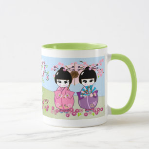 Mug Les poupées japonaises mignonnes, fleurs de