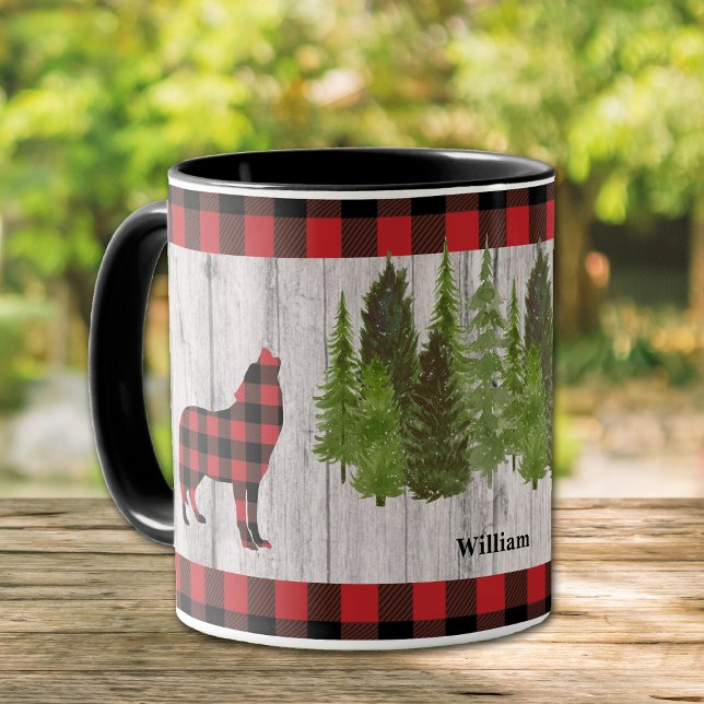 Mug Les sapins de Noël du loup de buffle sur le bois (Créateur téléchargé)