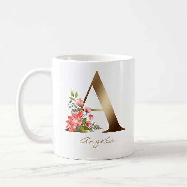 Mug Lettre A | Faux Gold Foil Monogramme Floral (Gauche)