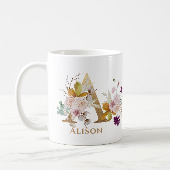 Mug Lettre A - Gold Floral Nom soeur collègue ami coll (Gauche)