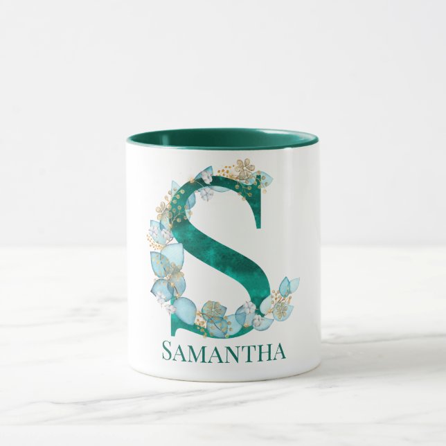 Mug LETTRE Aquarelle Turquoise ET MONOGRAPHIQUE OR S (Centre)