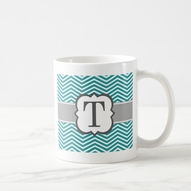 Mug Lettre blanche turquoise T Chevron de monogramme (Droite)