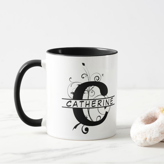 Mug LETTRE C Customisée Alphabet Floral Fractionné (Avec donut)