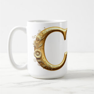 Mug Lettre C dorée élégante avec motif floral