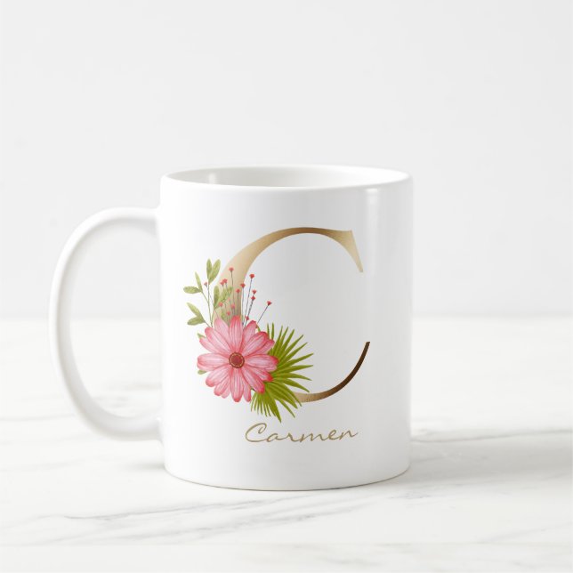Mug Lettre C Monogramme or | Végétation florale rose (Gauche)