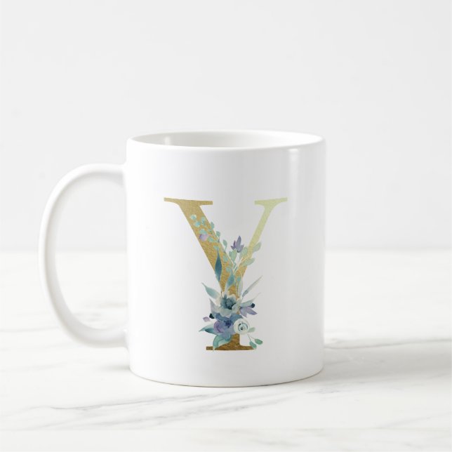 Mug Lettre de monogramme doré Y Fleurs d'aquarelle ble (Gauche)