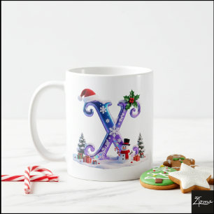Mug Lettre de Noël iridescente X avec bonhomme de neig