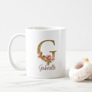 Mug Lettre de nom personnalisée G Roses rose poudré fe