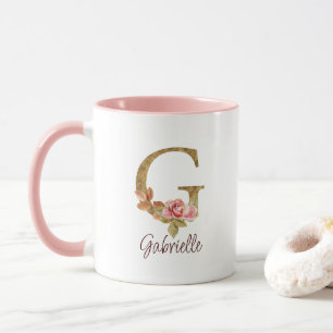 Mug Lettre de nom personnalisée G Roses roses blush en