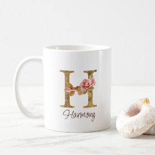 Mug Lettre de nom personnalisée H Roses roses blush fe