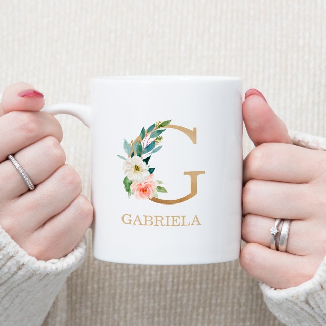 Mug Lettre d'or monogramme G | Vert rose floral (Créateur téléchargé)