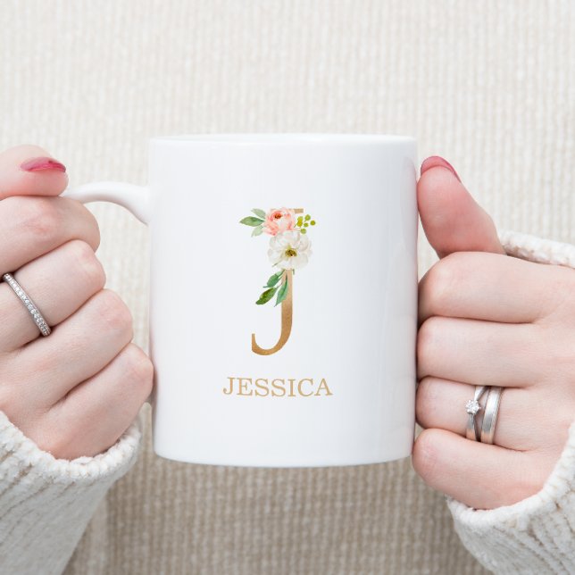 Mug Lettre d'or Monogramme J | Vert rose floral (Créateur téléchargé)