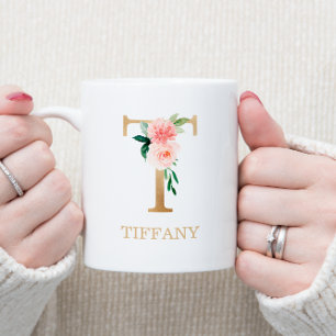 Mug Lettre d'or monogramme T   Vert rose floral