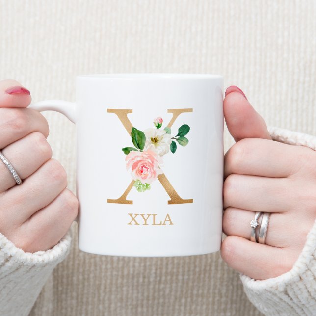 Mug Lettre d'or monogramme X | Vert rose floral (Créateur téléchargé)