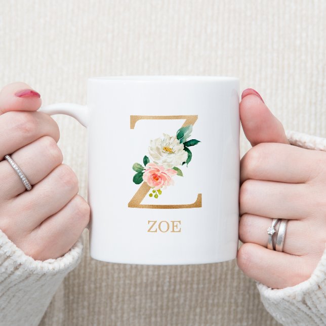 Mug Lettre d'or monogramme Z | Vert rose floral (Créateur téléchargé)