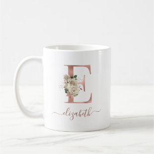 Mug Lettre "E" de monogramme en or rose ivoire floral